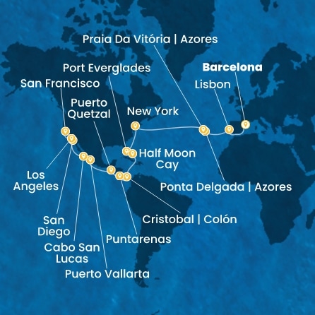 Espagne, Portugal, Açores, États-Unis, Floride (USA), Mexique, États-Unis