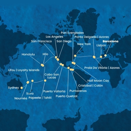 Espagne, Portugal, Açores, États-Unis, Floride (USA), Mexique, États-Unis, Hawaii, Polynésie, Fiji, Nouvelle-Calédonie, Australie