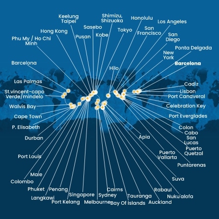 Espagne, Portugal, Açores, États-Unis, Floride (USA), Panama, Mexique, États-Unis, Hawaii, Fiji, Nouvelle-Zélande, Australie
