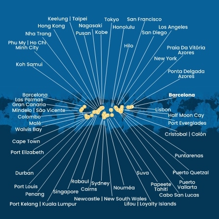 Espagne, Portugal, Açores, États-Unis, Floride (USA), Mexique, États-Unis, Hawaii, Polynésie, Fiji, Nouvelle-Calédonie, Australie, Japon, Corée du Sud, Afrique du Sud