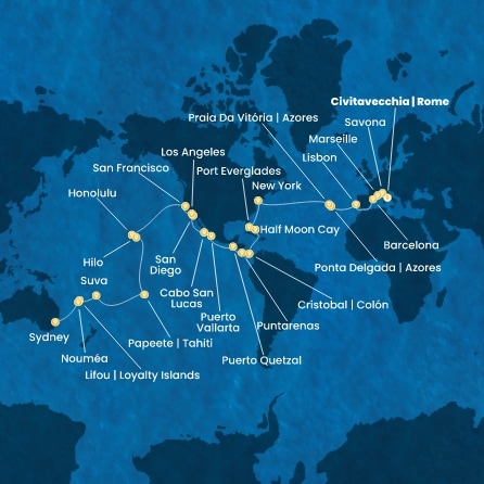 Italie, France, Espagne, Portugal, Açores, États-Unis, Floride (USA), Mexique, États-Unis, Hawaii, Polynésie, Fiji, Nouvelle-Calédonie, Australie