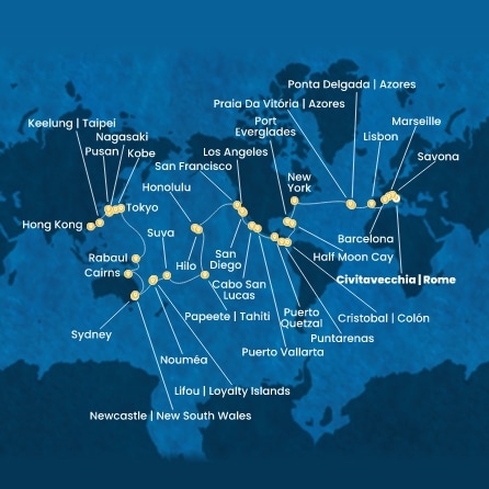 Italie, France, Espagne, Portugal, Açores, États-Unis, Floride (USA), Mexique, États-Unis, Hawaii, Polynésie, Fiji, Nouvelle-Calédonie, Australie, Japon