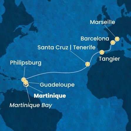 Antilles, Canaries, Maroc, Espagne, France