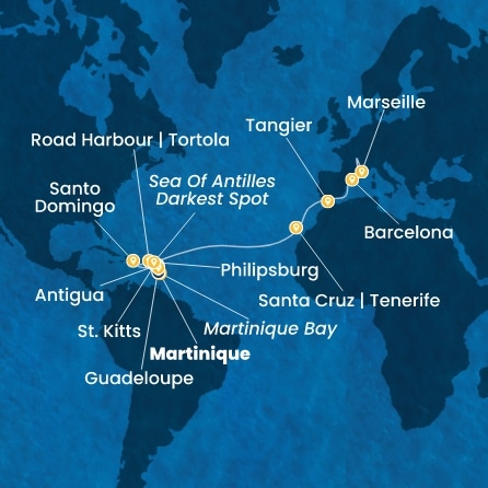 Antilles, Iles Vierges, Canaries, Maroc, Espagne, France