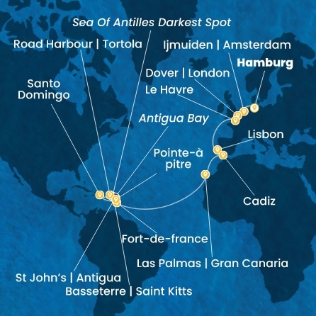 Route 24 Nächte - Deutschland,  Großbritannien,  Frankreich,  Portugal,  Spanien,  Kanaren (Spanien),  Antillen,  Jungferninseln