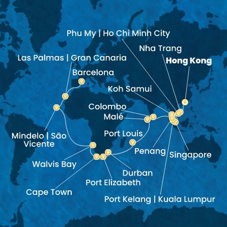 Chine, Vietnam, Singapour, Malaisie, Sri Lanka, Maldives, Maurice, Afrique du Sud, Namibia, Cap Vert, Canaries, Espagne