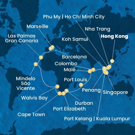 Chine, Vietnam, Singapour, Malaisie, Sri Lanka, Maldives, Maurice, Afrique du Sud, Namibia, Cap Vert, Canaries, Espagne, France