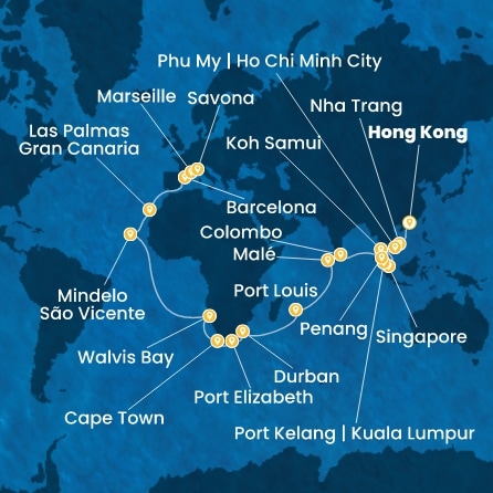 Chine, Vietnam, Singapour, Malaisie, Sri Lanka, Maldives, Maurice, Afrique du Sud, Namibia, Cap Vert, Canaries, Espagne, France, Italie