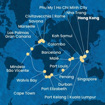 Chine, Vietnam, Singapour, Malaisie, Sri Lanka, Maldives, Maurice, Afrique du Sud, Namibia, Cap Vert, Canaries, Espagne, France, Italie