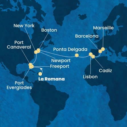 Route 23 Nächte Dominik. Republik, Bahamas, Florida, USA, Azoren, Portugal, Spanien, Frankreich