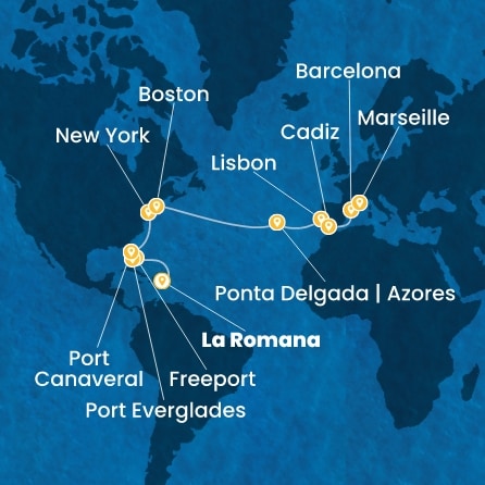Rép.Dominicaine, Bahamas, Floride (USA), États-Unis, Açores, Portugal, Espagne, France