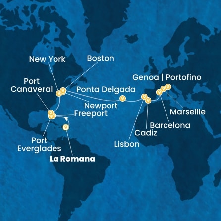 Route 24 Nächte Dominik. Republik, Bahamas, Florida, USA, Azoren, Portugal, Spanien, Frankreich, Italien