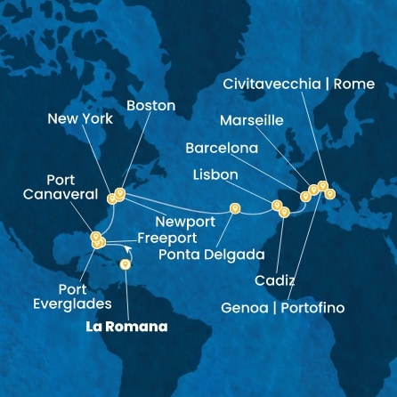 Route 25 Nächte Dominik. Republik, Bahamas, Florida, USA, Azoren, Portugal, Spanien, Frankreich, Italien