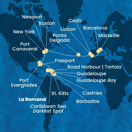 Route 30 Nächte Dominik. Republik, Antillen, Jungferninseln, Bahamas, Florida, USA, Azoren, Portugal, Spanien, Frankreich