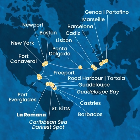 Route 31 Nächte Dominik. Republik, Antillen, Jungferninseln, Bahamas, Florida, USA, Azoren, Portugal, Spanien, Frankreich, Italien