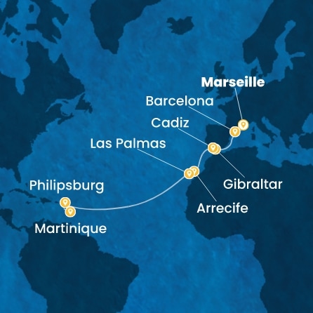 France, Espagne, Gibraltar, Canaries, Antilles