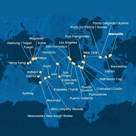 France, Espagne, Portugal, Açores, États-Unis, Floride (USA), Mexique, États-Unis, Hawaii, Polynésie, Fiji, Nouvelle-Calédonie, Australie, Japon, Corée du Sud