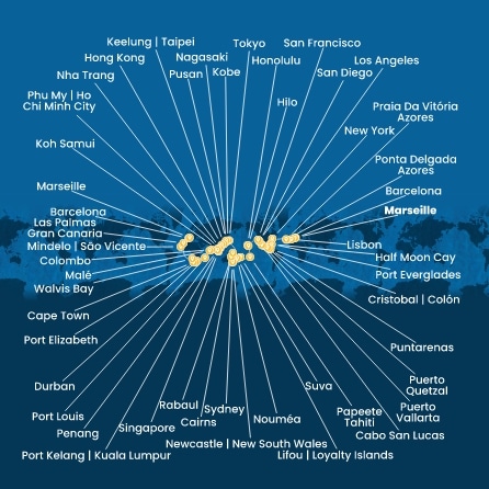 France, Espagne, Portugal, Açores, États-Unis, Floride (USA), Mexique, États-Unis, Hawaii, Polynésie, Fiji, Nouvelle-Calédonie, Australie, Japon, Afrique du Sud