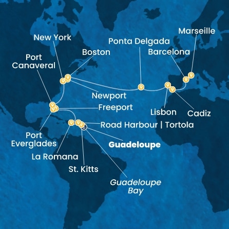Route 26 Nächte Antillen, Jungferninseln, Dominik. Republik, Bahamas, Florida, USA, Azoren, Portugal, Spanien, Frankreich