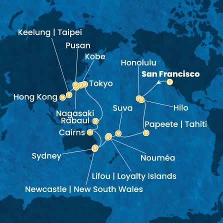 États-Unis, Hawaii, Polynésie, Fiji, Nouvelle-Calédonie, Australie, Japon, Corée du Sud, Taïwan, Chine