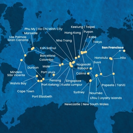 États-Unis, Hawaii, Polynésie, Fiji, Nouvelle-Calédonie, Australie, Japon, Corée du Sud, Taïwan, Chine, Vietnam, Singapour, Malaisie, Sri Lanka, Afrique du Sud