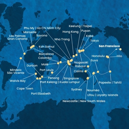 États-Unis, Hawaii, Polynésie, Fiji, Nouvelle-Calédonie, Australie, Japon, Corée du Sud, Taïwan, Chine, Vietnam, Singapour, Malaisie, Sri Lanka, Afrique du Sud