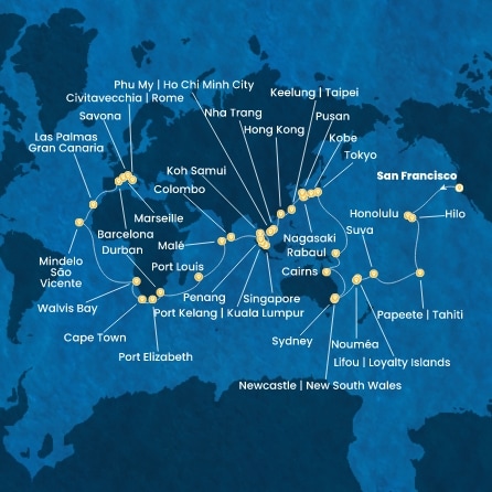 États-Unis, Hawaii, Polynésie, Fiji, Nouvelle-Calédonie, Australie, Japon, Corée du Sud, Taïwan, Chine, Vietnam, Singapour, Malaisie, Afrique du Sud, Italie