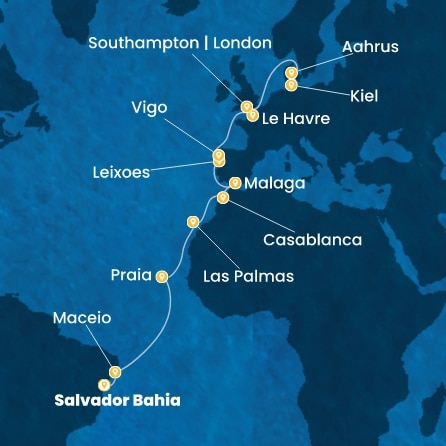 Route 22 Nächte Brasilien, Kanaren (Spanien), Marokko, Spanien, Portugal, Frankreich, Großbritannien, Dänemark, Deutschland