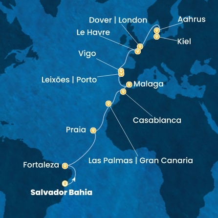Brésil, Canaries, Maroc, Espagne, Portugal, France, Grande-Bretagne, Danemark, Allemagne