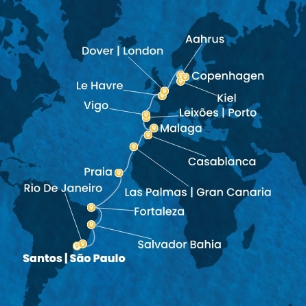 Brésil, Canaries, Maroc, Espagne, Portugal, France, Grande-Bretagne, Danemark, Allemagne