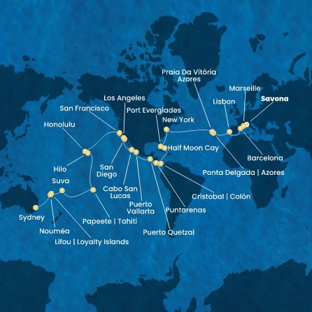 Italie, France, Espagne, Portugal, Açores, États-Unis, Floride (USA), Mexique, États-Unis, Hawaii, Polynésie, Fiji, Nouvelle-Calédonie, Australie