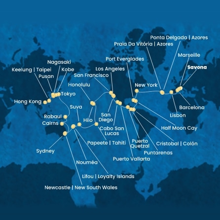 Italie, France, Espagne, Portugal, Açores, États-Unis, Floride (USA), Mexique, États-Unis, Hawaii, Polynésie, Fiji, Nouvelle-Calédonie, Australie, Japon