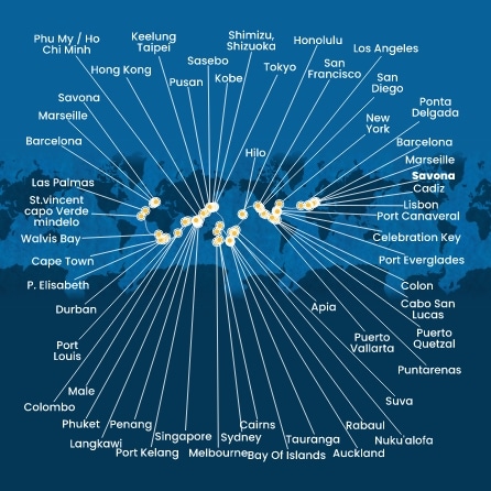 Italie, France, Espagne, Portugal, Açores, États-Unis, Floride (USA), Panama, États-Unis, Hawaii, Nouvelle-Zélande, Australie