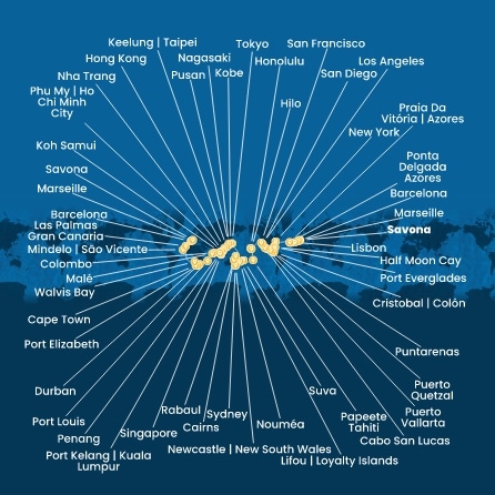 Italie, France, Espagne, Portugal, Açores, États-Unis, Floride (USA), Mexique, États-Unis, Hawaii, Polynésie, Fiji, Australie, Japon, Afrique du Sud